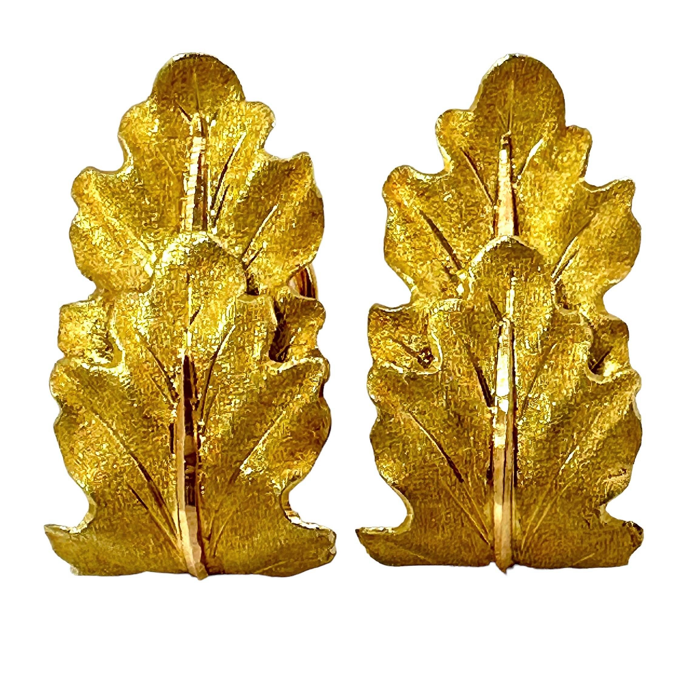 This richly textured  pair of Buccellati Leaf design earrings are a wonderful example of the intricate gold work that the venerated house is known and respected for. They are in excess of 1 inch in length by 1/2 inch in width. These clip on earring