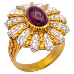 Vintage 18K Yellow Gold Burmese Ruby and Diamond Cocktail Ring, 3.60 Ct Center Vintage 18K Yellow Gold Burmese Ruby and Diamond Cocktail Ring, 3.60 Ct Center