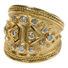 Vintage 18k Yellow Gold Byzantine Revival Diamond Wide Band Cocktail Ring