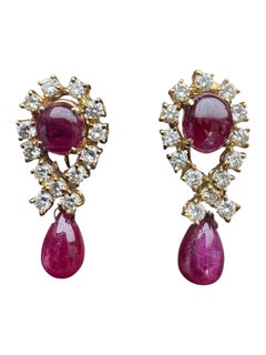 Vintage 18K Yellow Gold Cabochon Ruby and Diamond Drop Earrings
