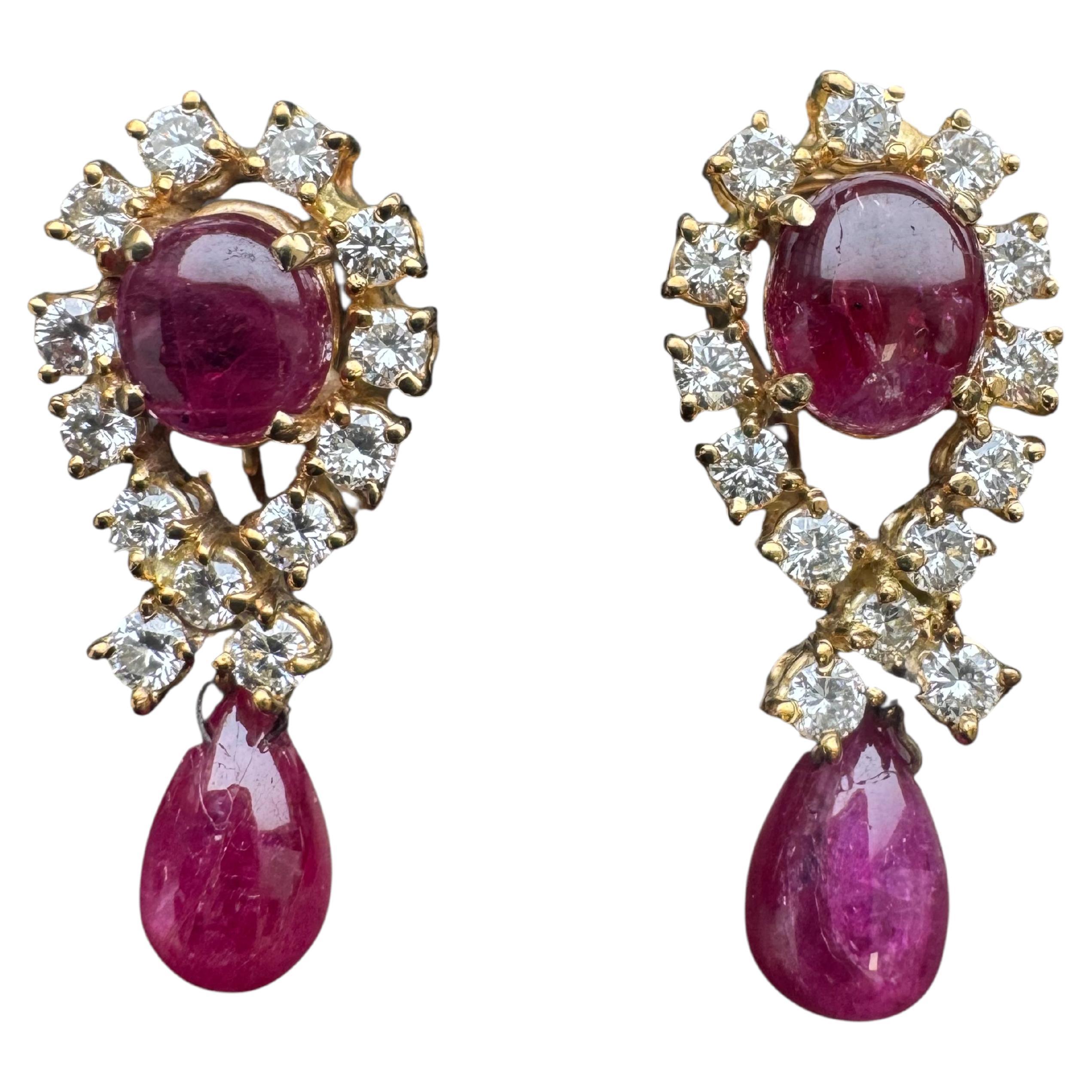 Vintage 18K Yellow Gold Cabochon Ruby and Diamond Drop Earrings