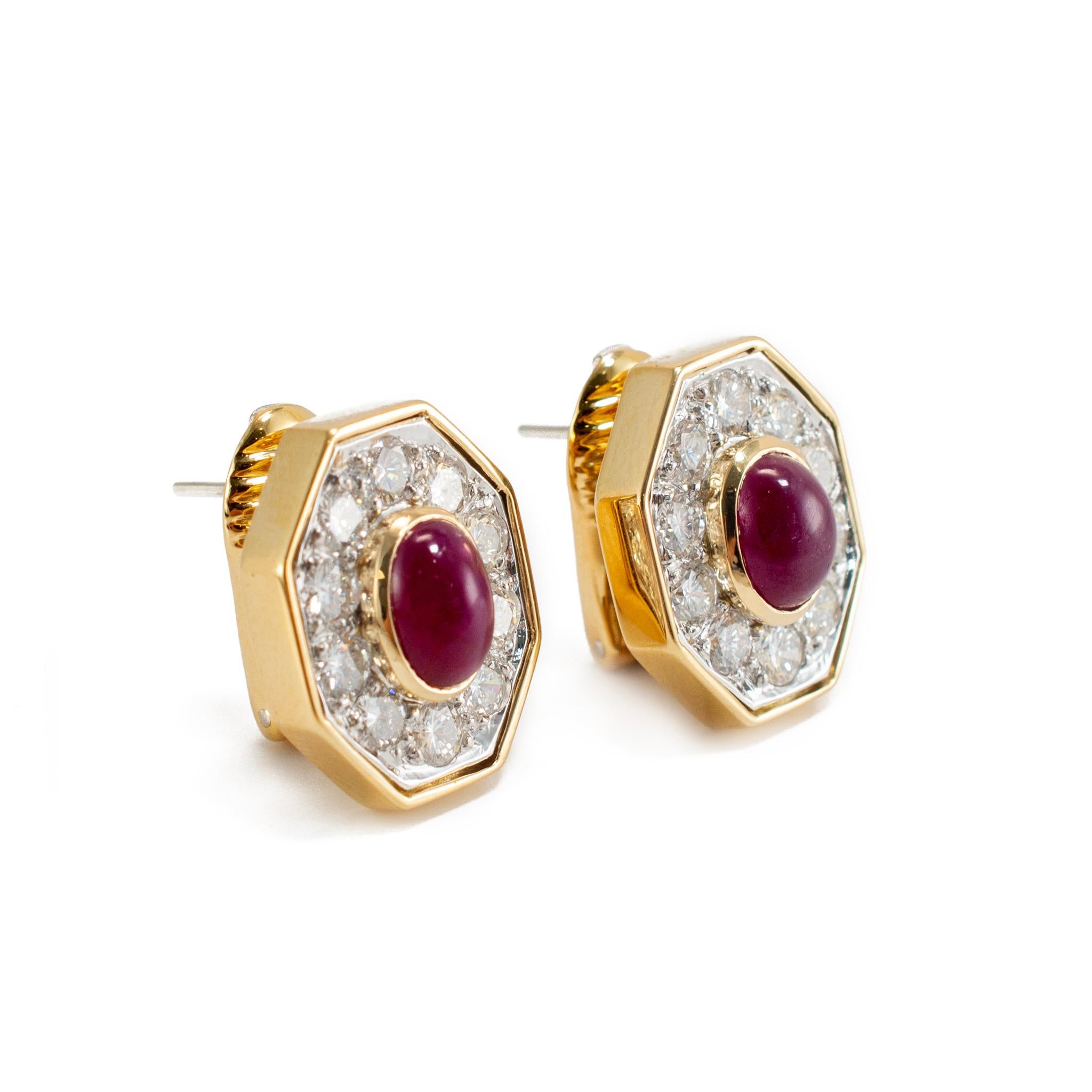 Gender: Women's

Metal Type:  18K Yellow Gold

Length: 0.75 Inches 

Weight: 12.44 grams

18K yellow gold ruby and diamond vintage clip-on, stud earrings with 