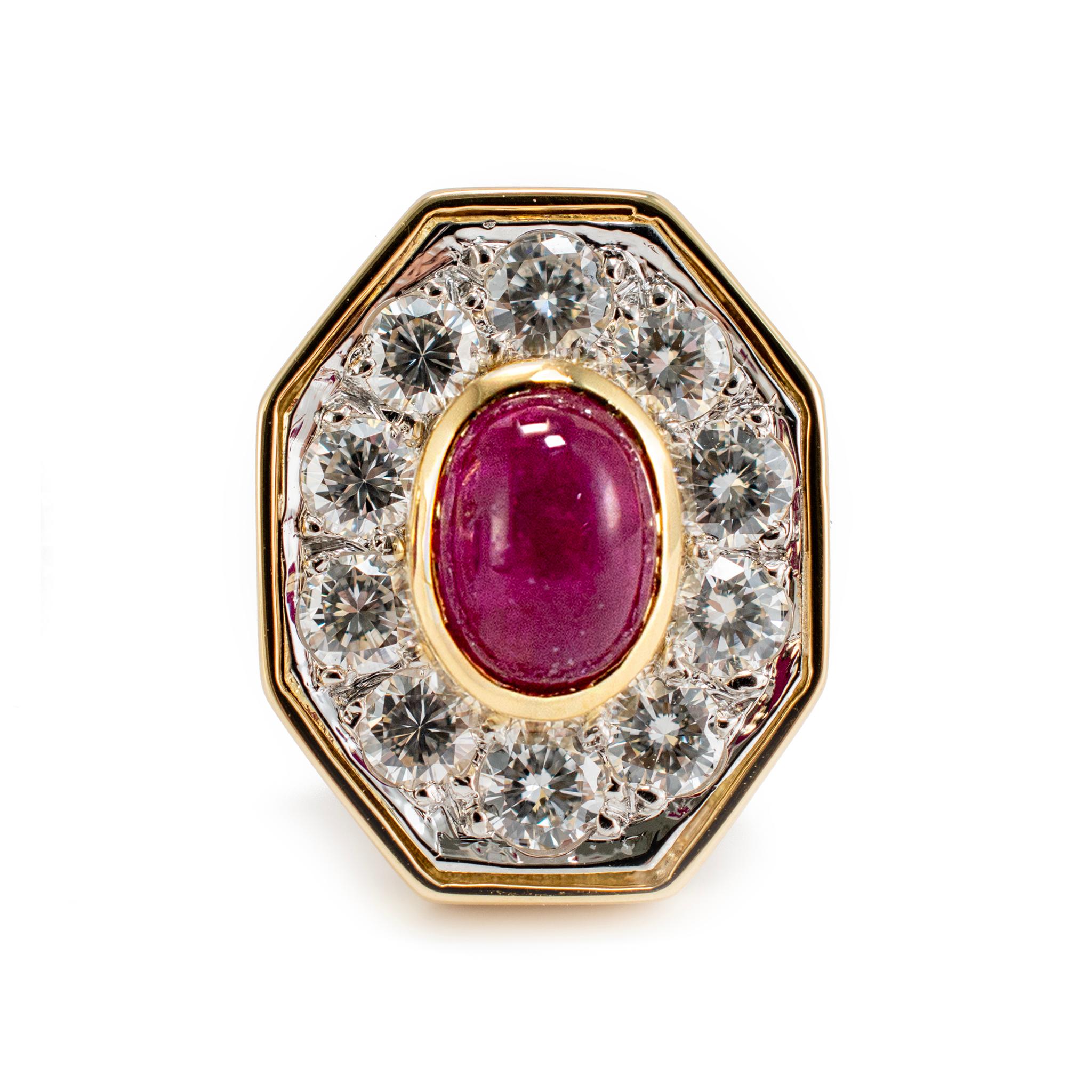 Oval Cut Vintage 18K Yellow Gold Cabochon Ruby Diamond Octagon Clip on Stud Earrings For Sale