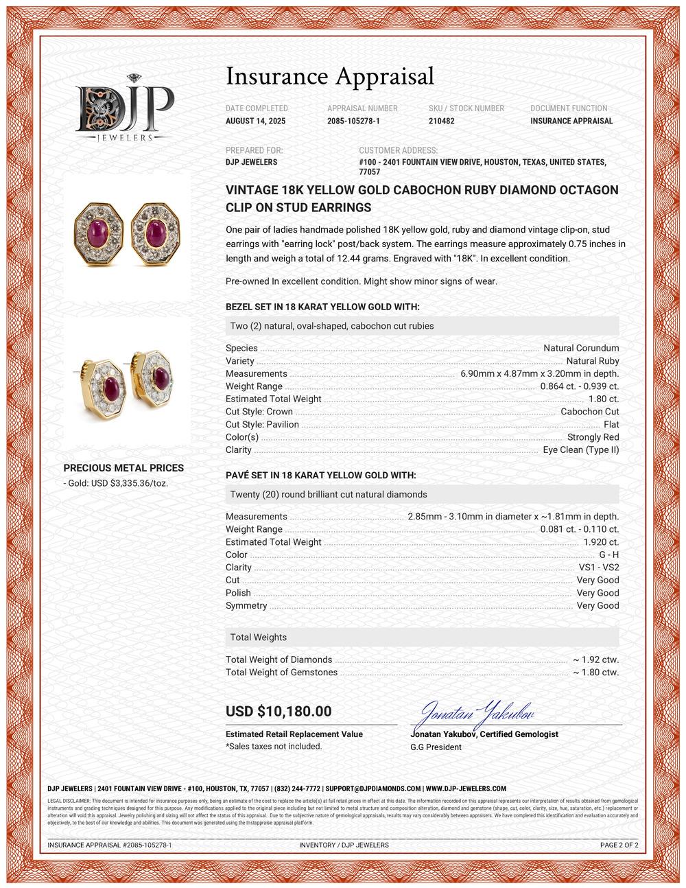 Vintage 18K Yellow Gold Cabochon Ruby Diamond Octagon Clip on Stud Earrings For Sale 4