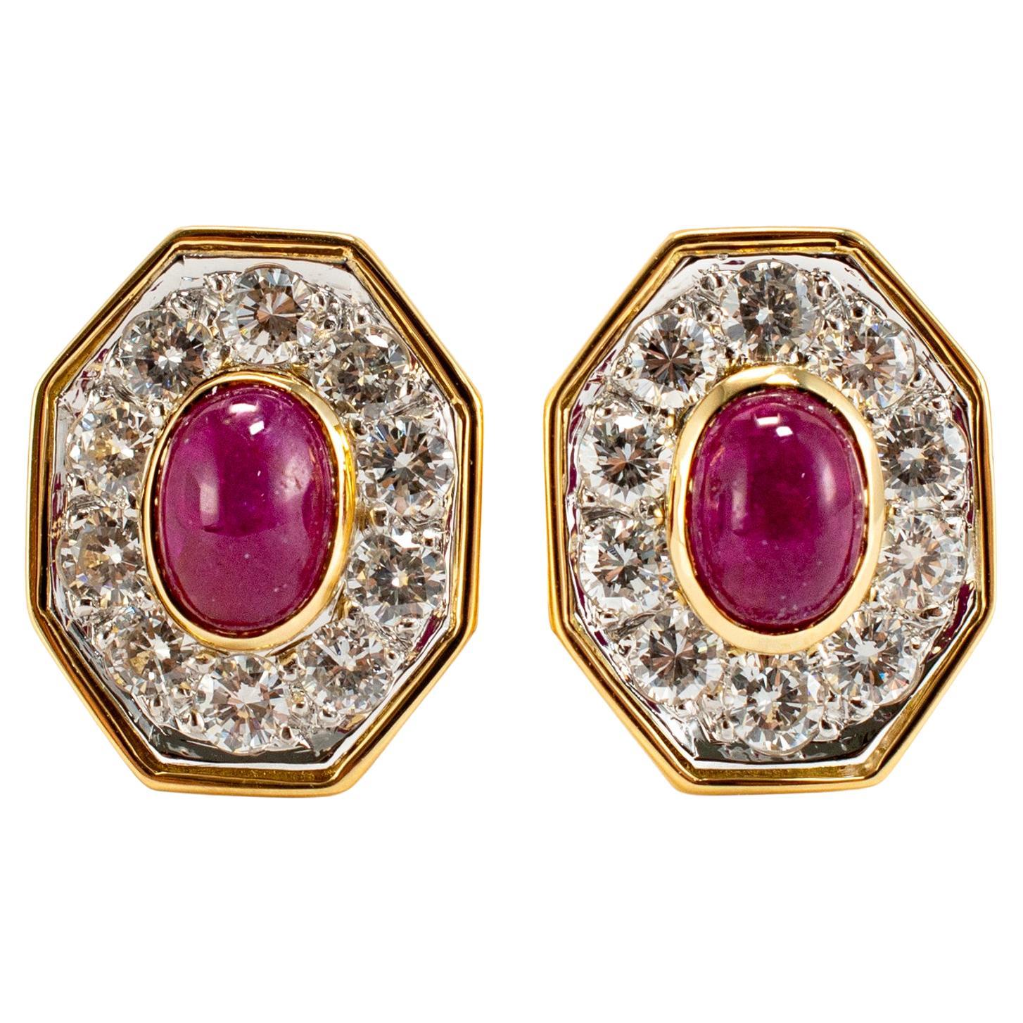Vintage 18K Yellow Gold Cabochon Ruby Diamond Octagon Clip on Stud Earrings For Sale