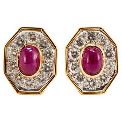 Vintage 18K Yellow Gold Cabochon Ruby Diamond Octagon Clip on Stud Earrings