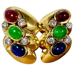 Vintage 18K Yellow Gold Cabochon Ruby, Emerald, Sapphire & Diamond Earrings