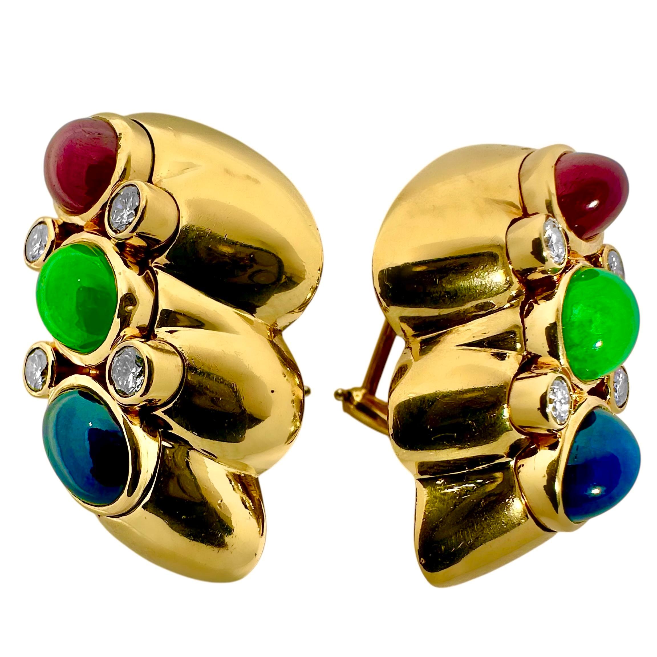 Pendientes vintage de oro amarillo de 18 quilates con cabujón de rubí, esmeralda, zafiro y diamantes Moderno en venta