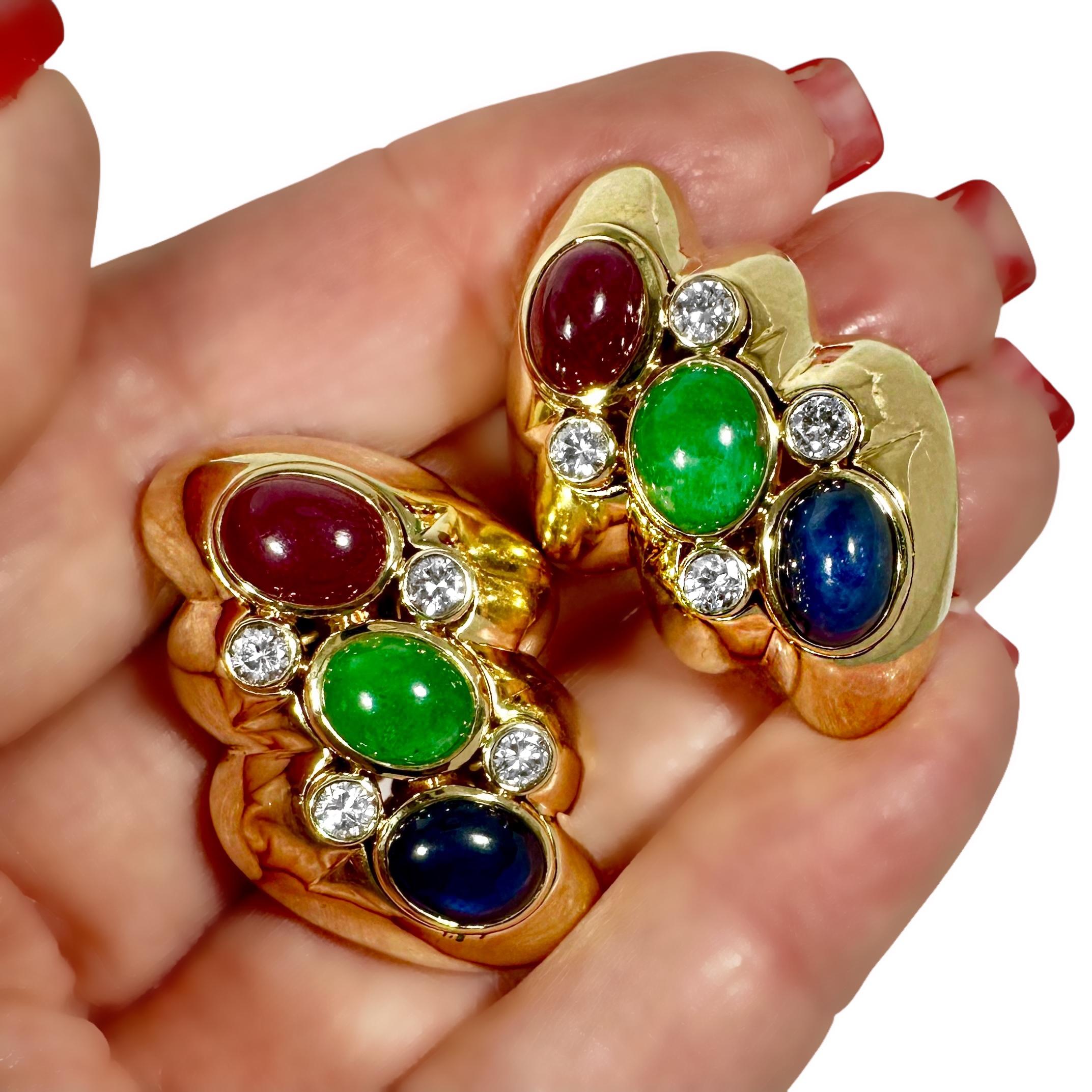 Pendientes vintage de oro amarillo de 18 quilates con cabujón de rubí, esmeralda, zafiro y diamantes en venta 1