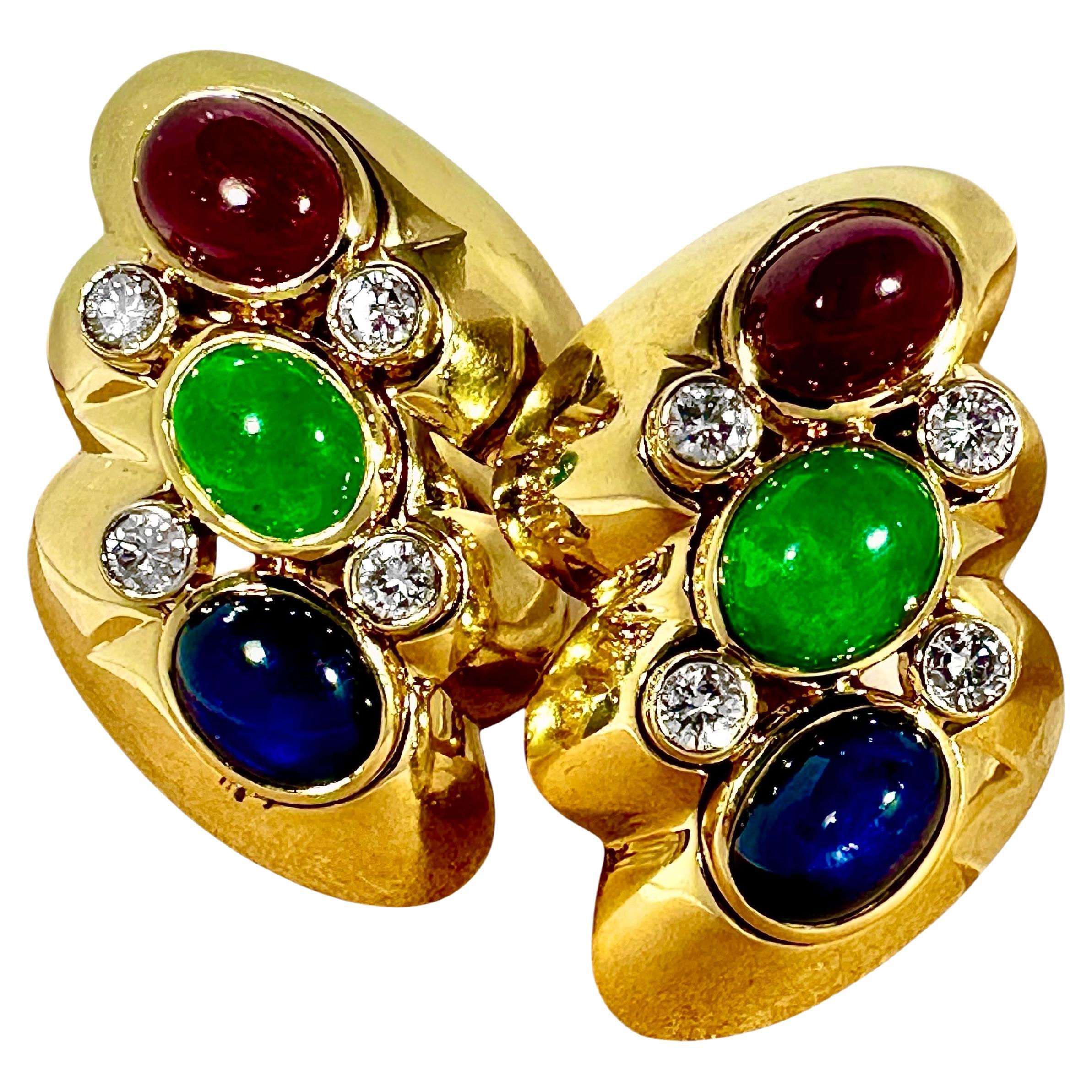 Vintage 18K Yellow Gold Cabochon Ruby, Emerald, Sapphire & Diamond Earrings