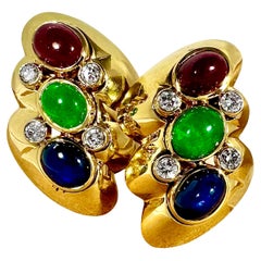 Vintage 18K Yellow Gold Cabochon Ruby, Emerald, Sapphire & Diamond Earrings