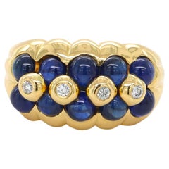 Vintage 18K Yellow Gold Cabochon Sapphire and Diamond Beaded Cocktail Ring
