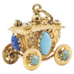 Vintage 18K Yellow Gold Carriage Pendant with Turquoise & Blue Gems