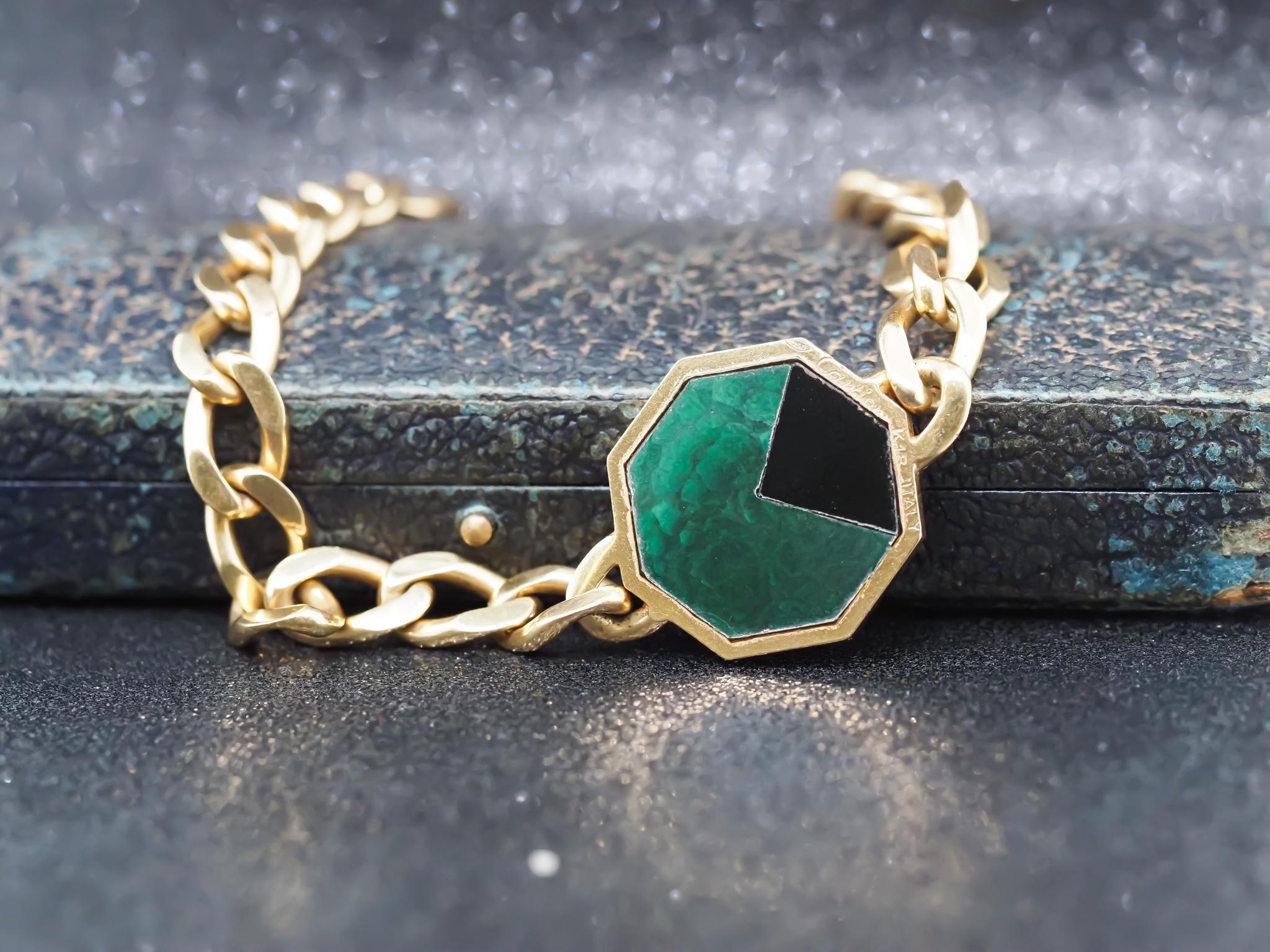 Vintage 18K Yellow Gold Cartier Onyx & Malachite Necklace In Good Condition For Sale In Hicksville, NY