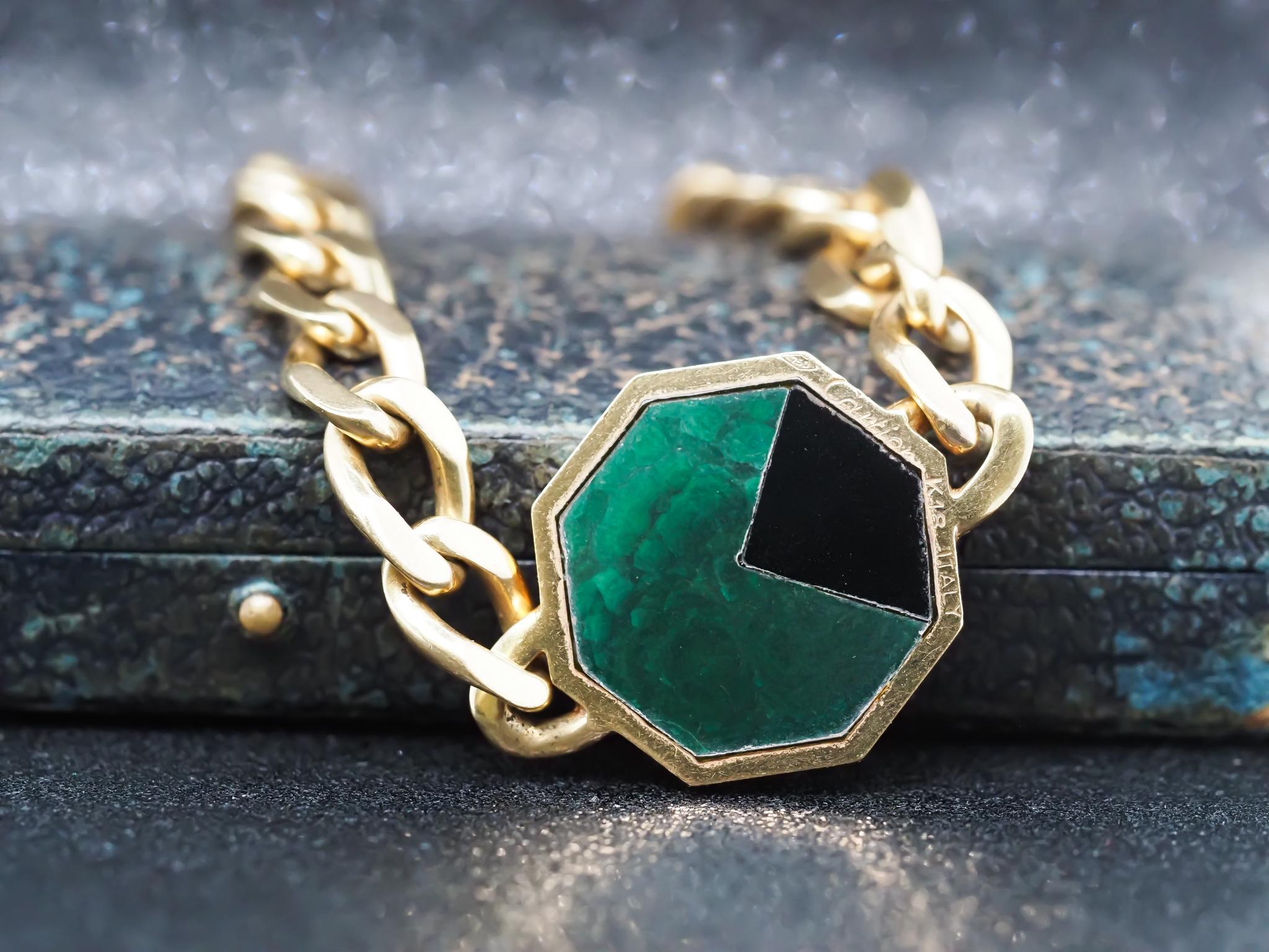 Women's Vintage 18K Yellow Gold Cartier Onyx & Malachite Necklace For Sale