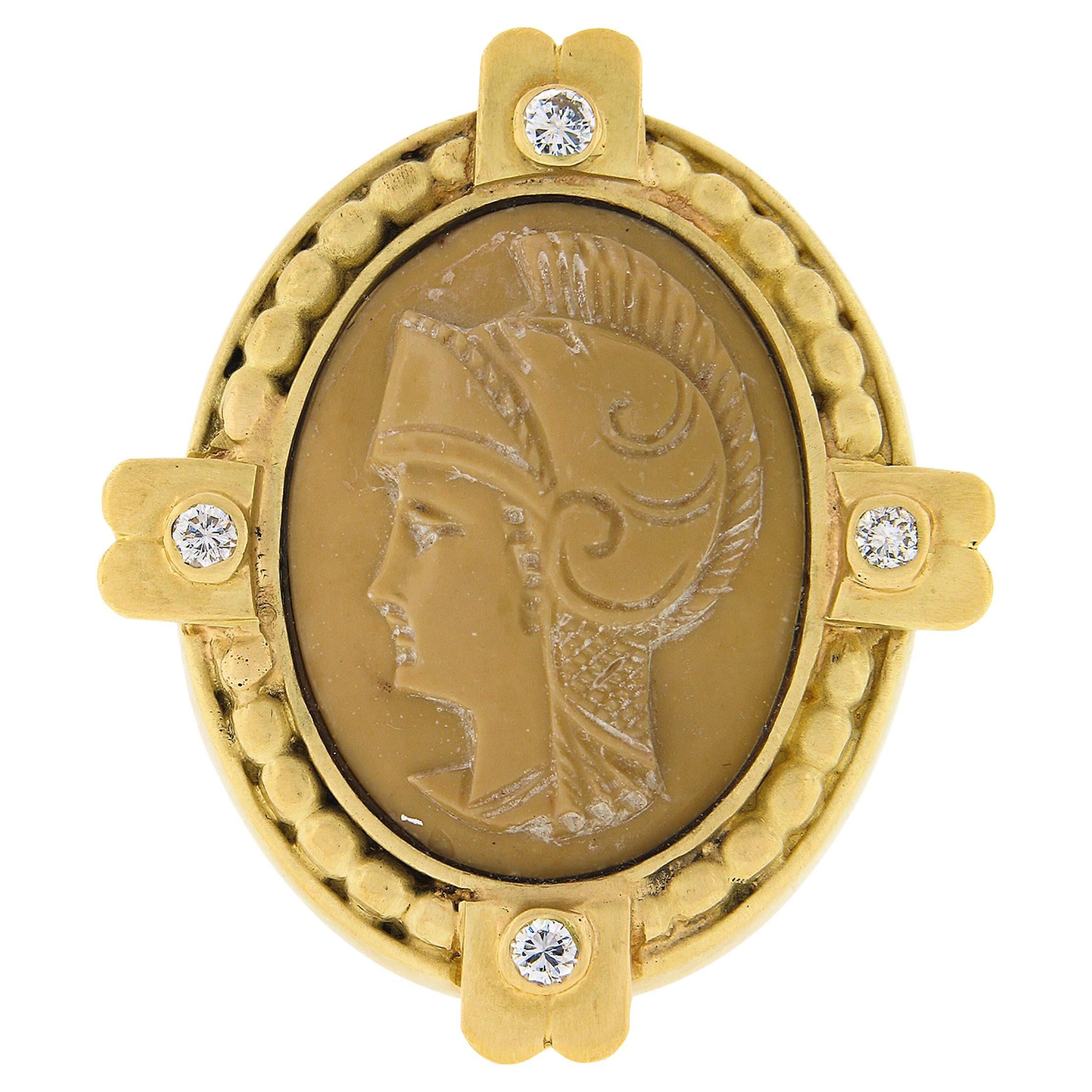 Vintage 18k Yellow Gold Carved Beige Hardstone Trojan Cameo & Diamond Pin Brooch For Sale