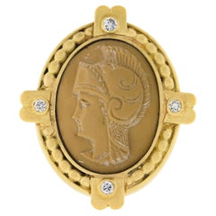 Vintage 18k Yellow Gold Carved Beige Hardstone Trojan Cameo & Diamond Pin Brooch