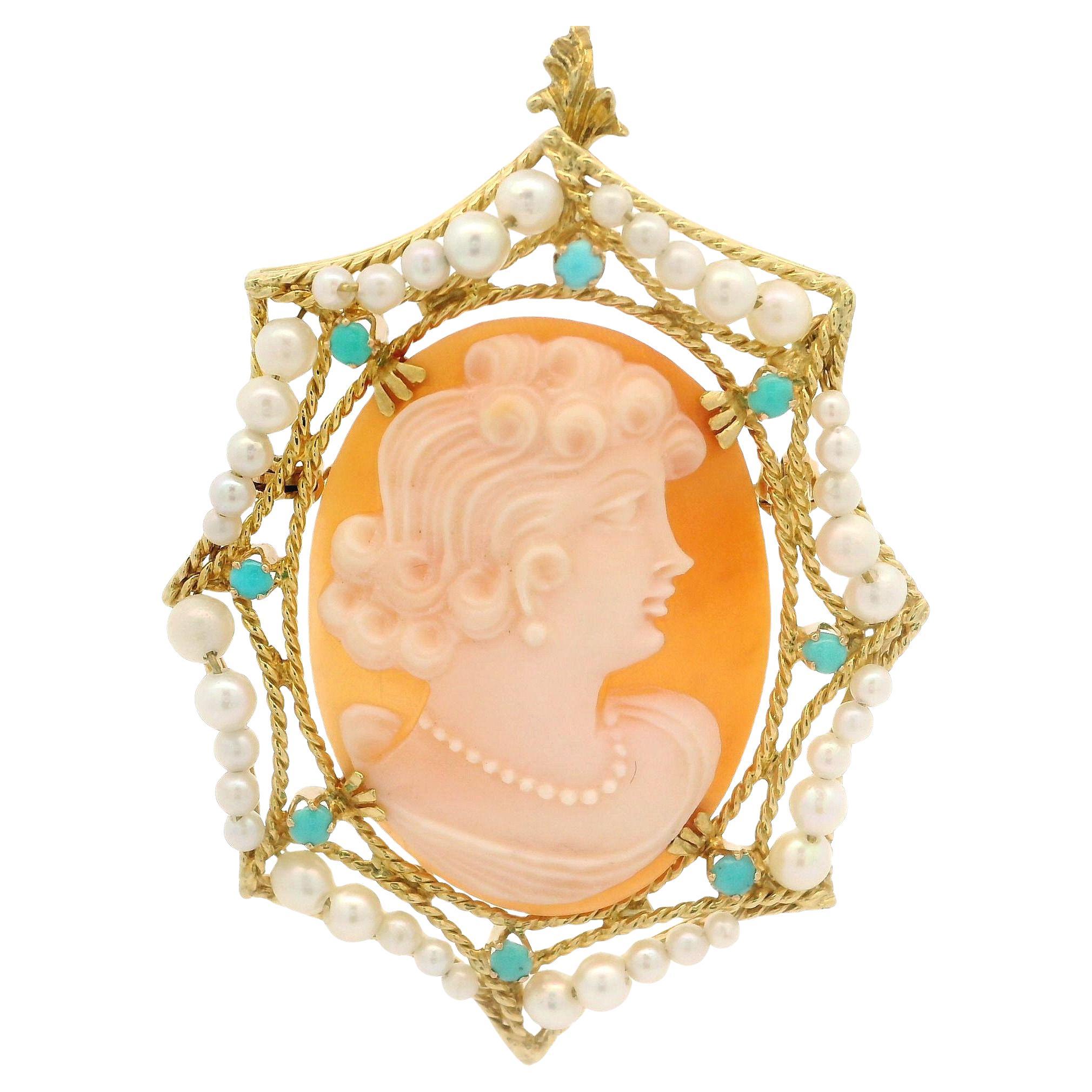 Colgante broche vintage de oro amarillo de 18 quilates con camafeo tallado con perlas y turquesa
