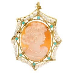 Vintage 18k Yellow Gold Carved Cameo w/ Pearls & Turquoise Pin Brooch Pendant