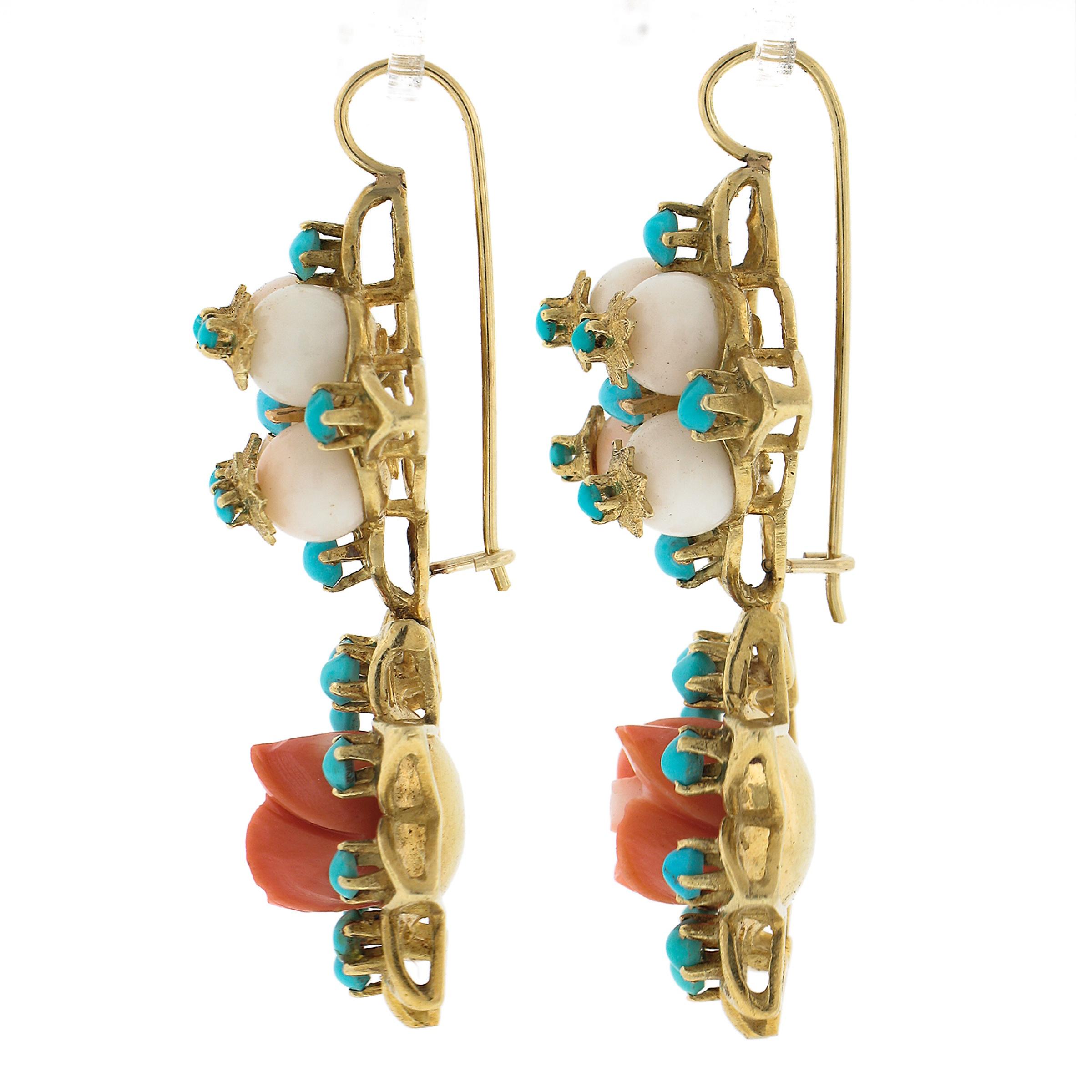 Vintage 18K Yellow Gold Carved Flower Coral w/ Turquoise Drop Dangle Earrings In Excellent Condition For Sale In Montclair, NJ