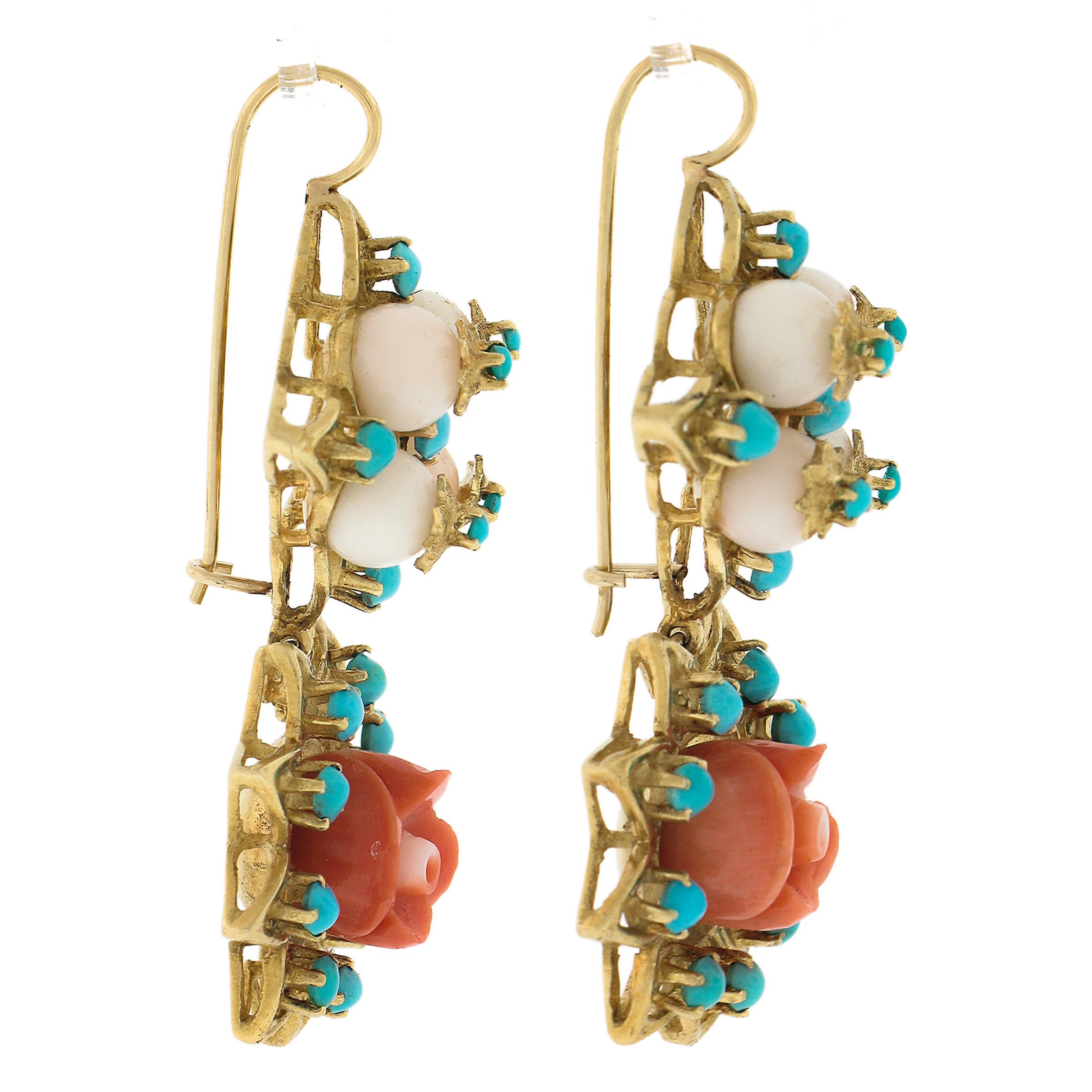 Women's Vintage 18K Yellow Gold Carved Flower Coral w/ Turquoise Drop Dangle Earrings For Sale