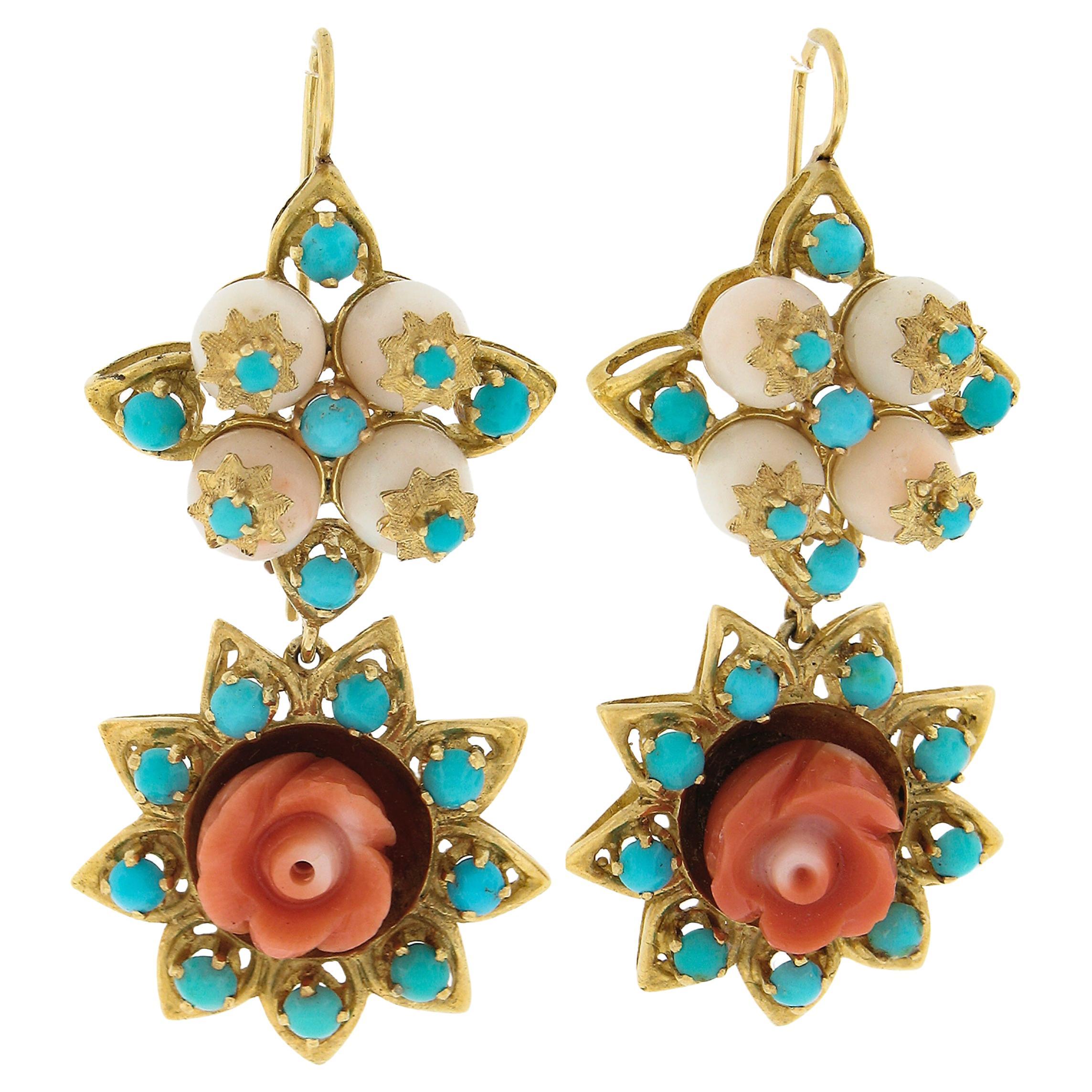 Vintage 18K Yellow Gold Carved Flower Coral w/ Turquoise Drop Dangle Earrings For Sale