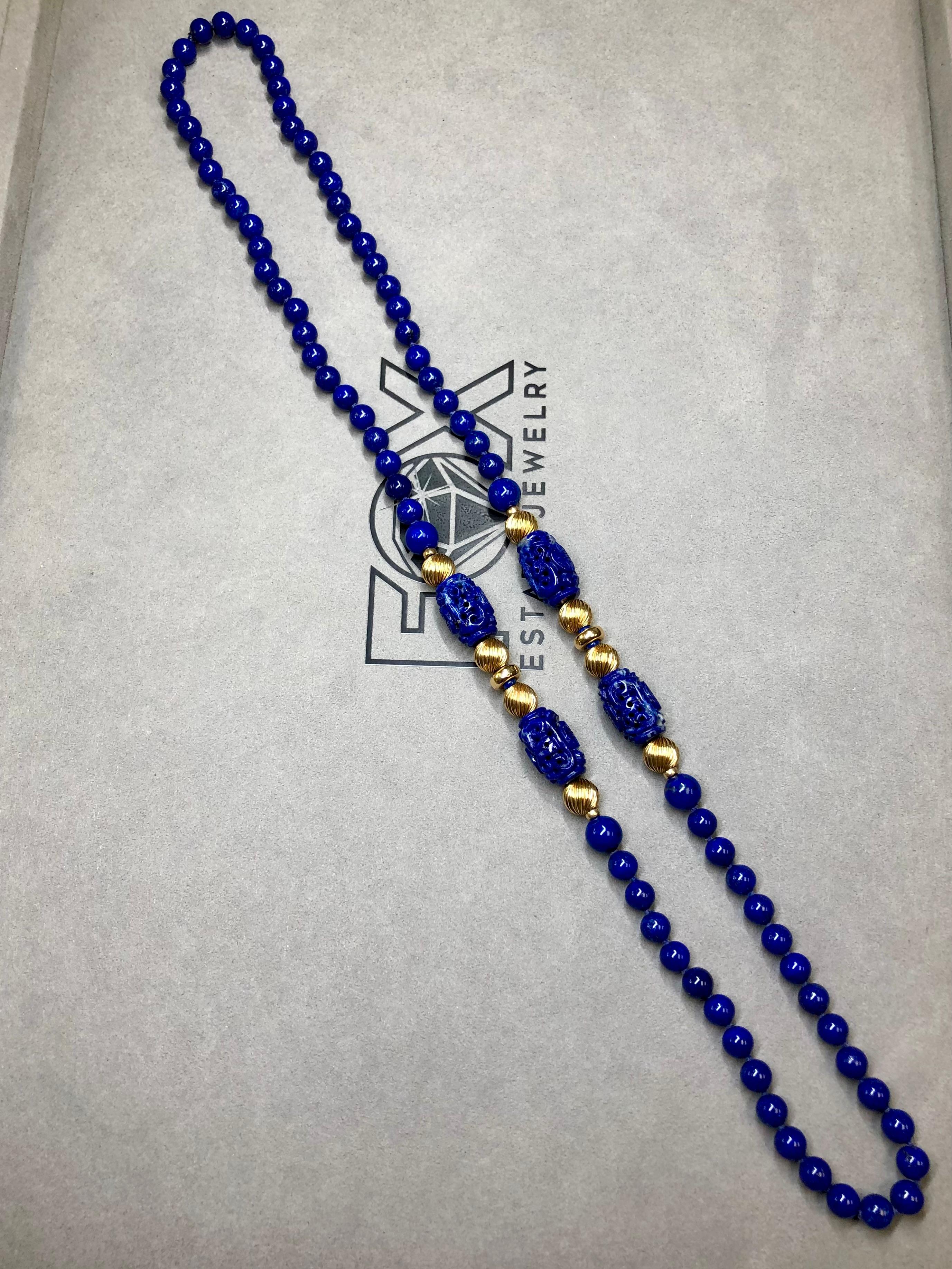 Vintage 18K Yellow Gold Carved Lapis Barrel Sphere Opera Length Necklace 32” For Sale 2