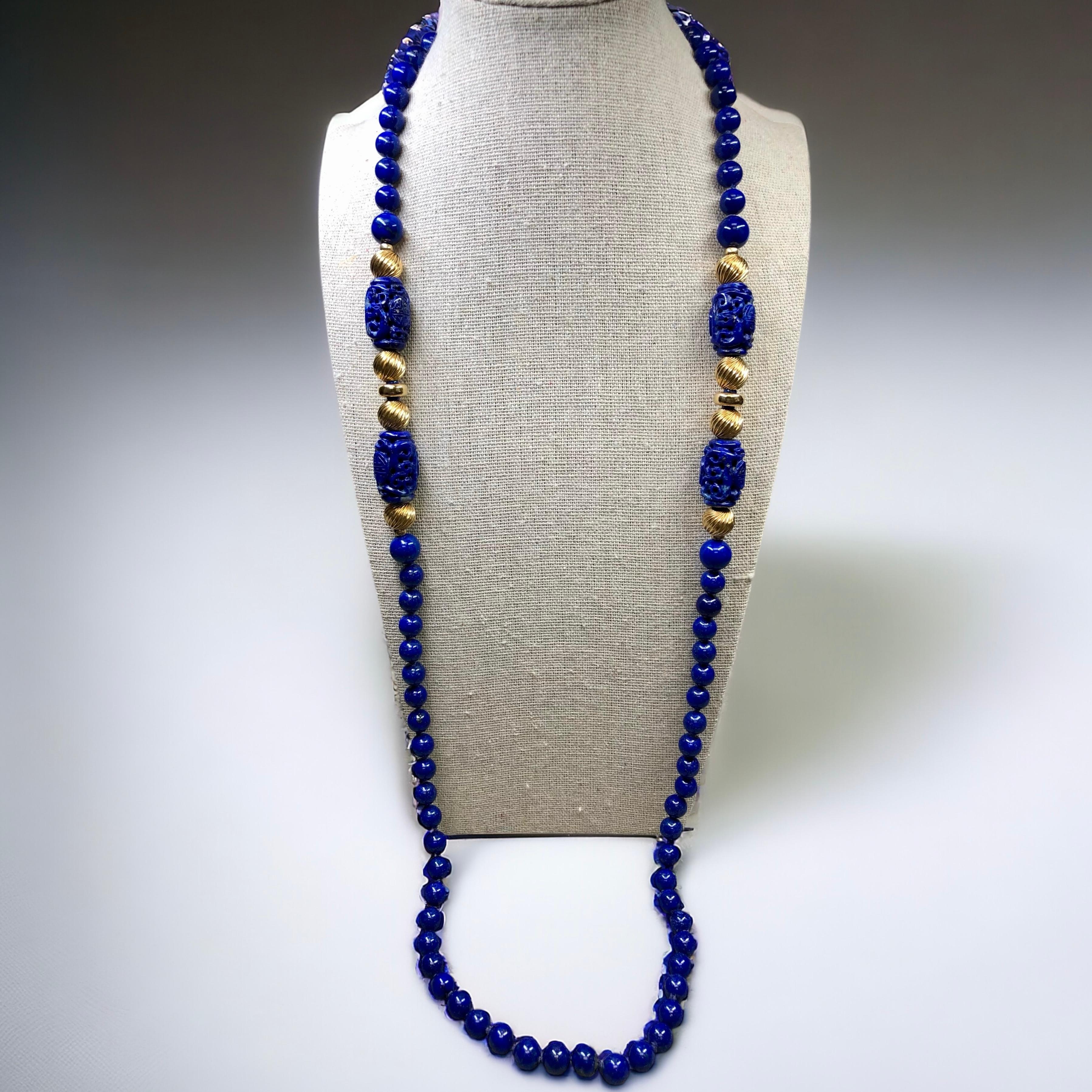 Vintage 18K Yellow Gold Carved Lapis Barrel Sphere Opera Length Necklace 32” For Sale 3