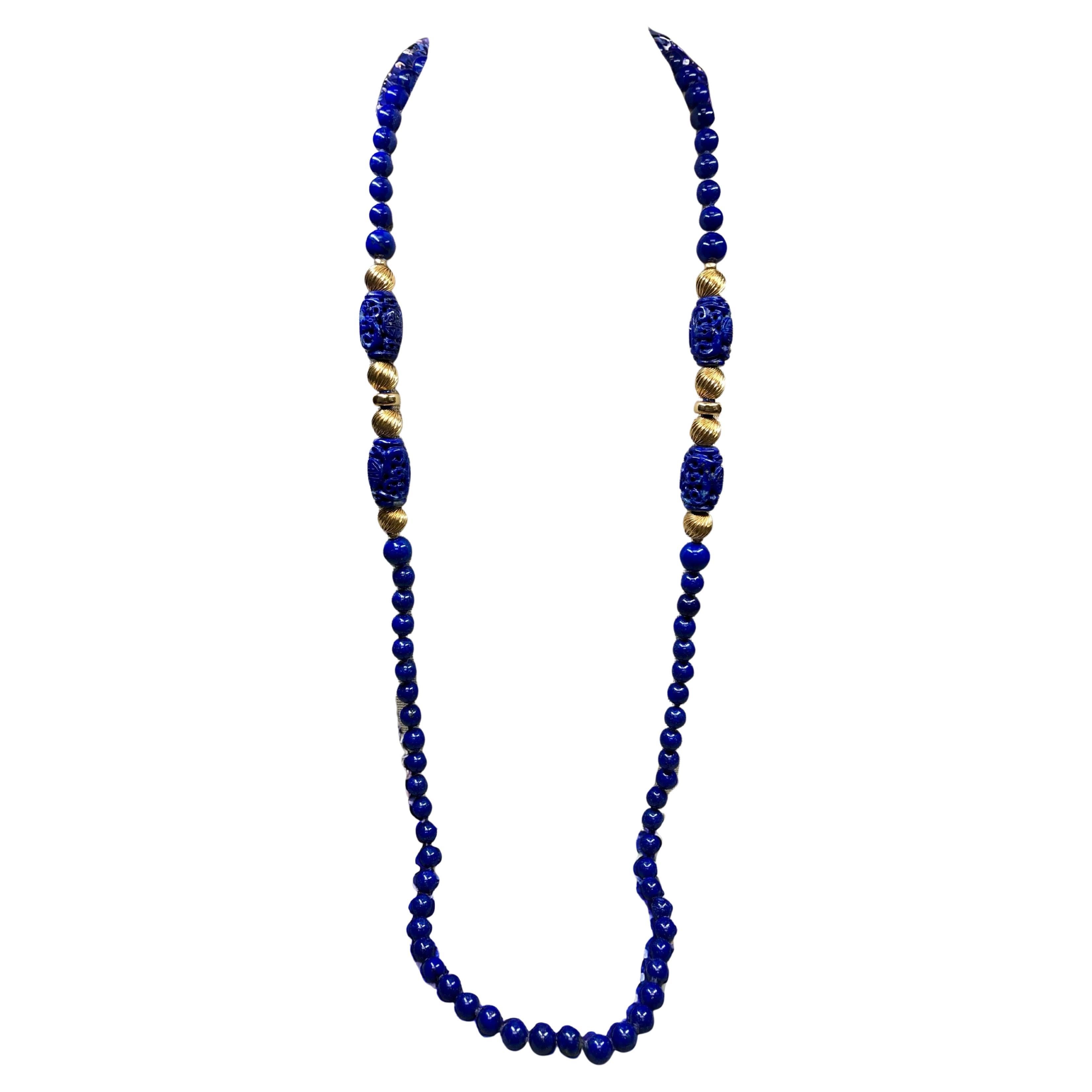 Vintage 18K Yellow Gold Carved Lapis Barrel Sphere Opera Length Necklace 32” For Sale