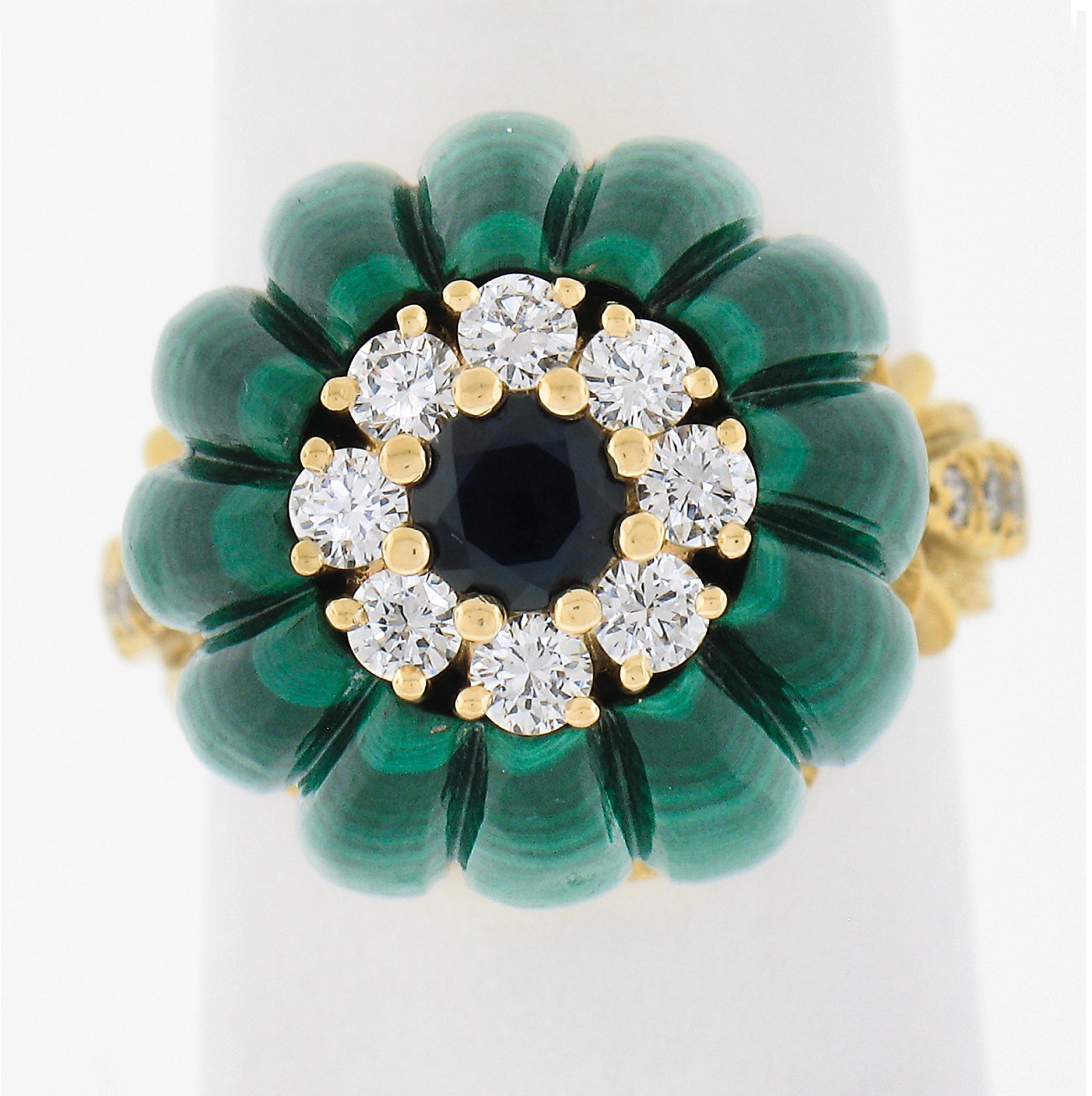 --Stone(s):--
(1) Natural Genuine Malachites - Carved Sphere Shape - Medium to Dark Green Colors - 17.2mm (approx.)
(14) Natural Genuine Diamonds - Round Brilliant & Single Cut - Pavé & Prong Set - F/G Color - VS1/VS2 Clarity - 0.50ctw (approx.)
(1)