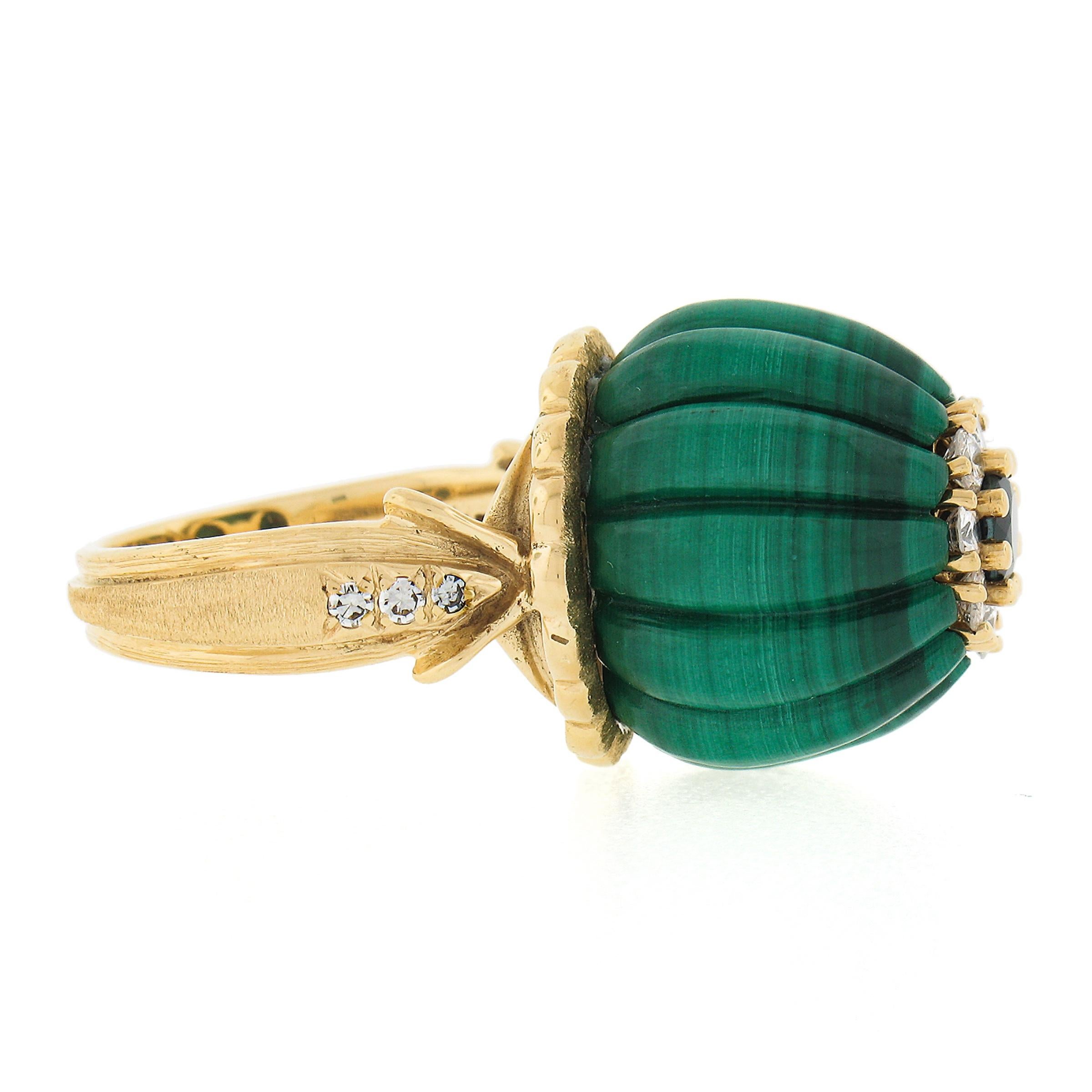 Round Cut Vintage 18k Yellow Gold Carved Malachite w/ Diamond & Sapphire Statement Ring For Sale