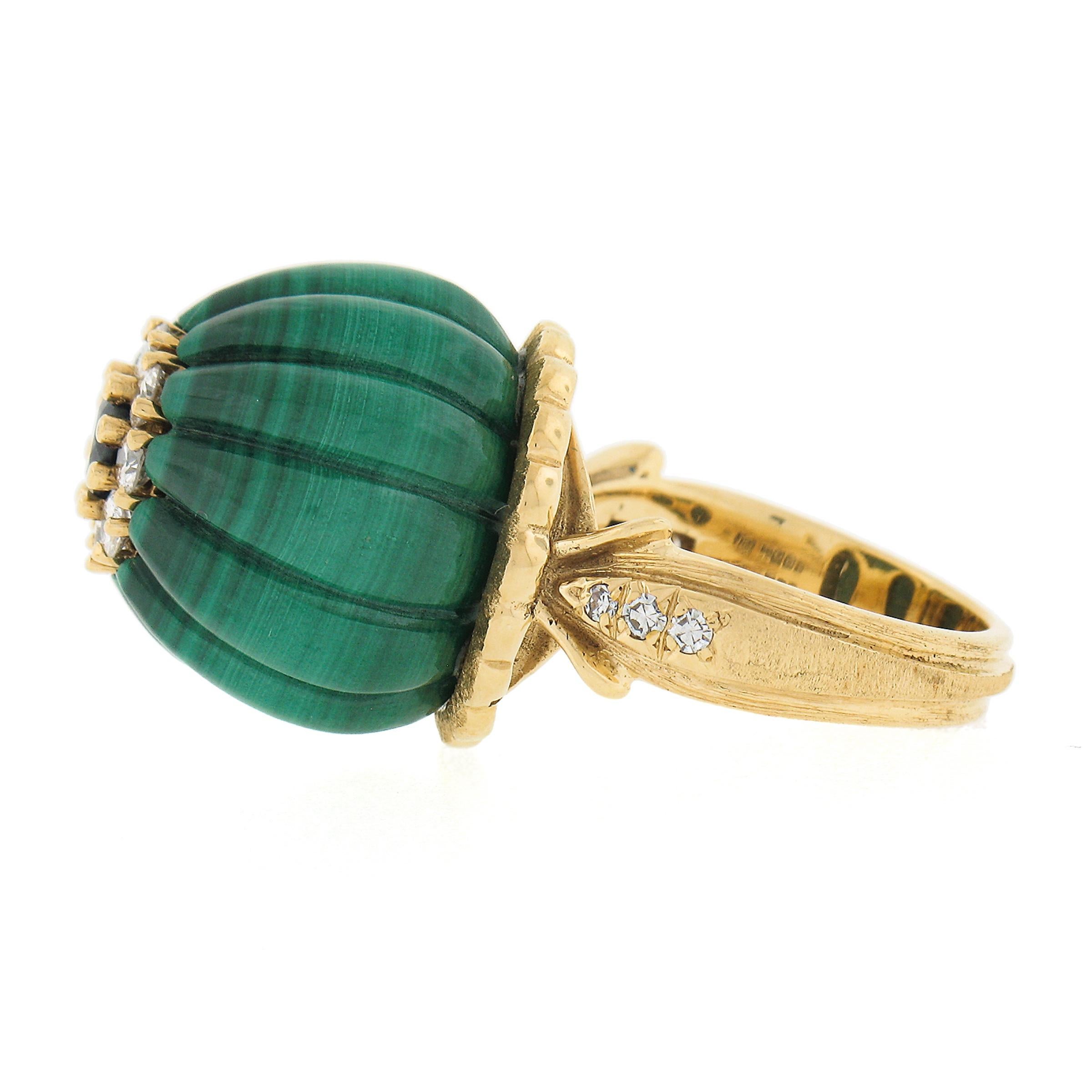 Vintage 18k Yellow Gold Carved Malachite w/ Diamond & Sapphire Statement Ring In Excellent Condition For Sale In Montclair, NJ