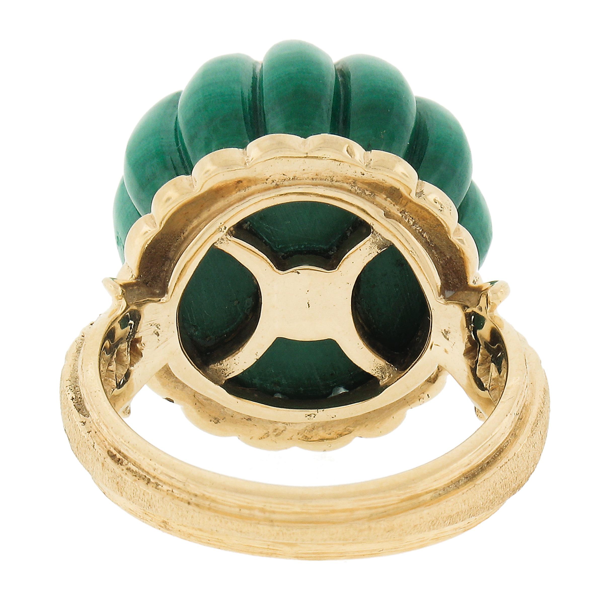 Women's Vintage 18k Yellow Gold Carved Malachite w/ Diamond & Sapphire Statement Ring For Sale