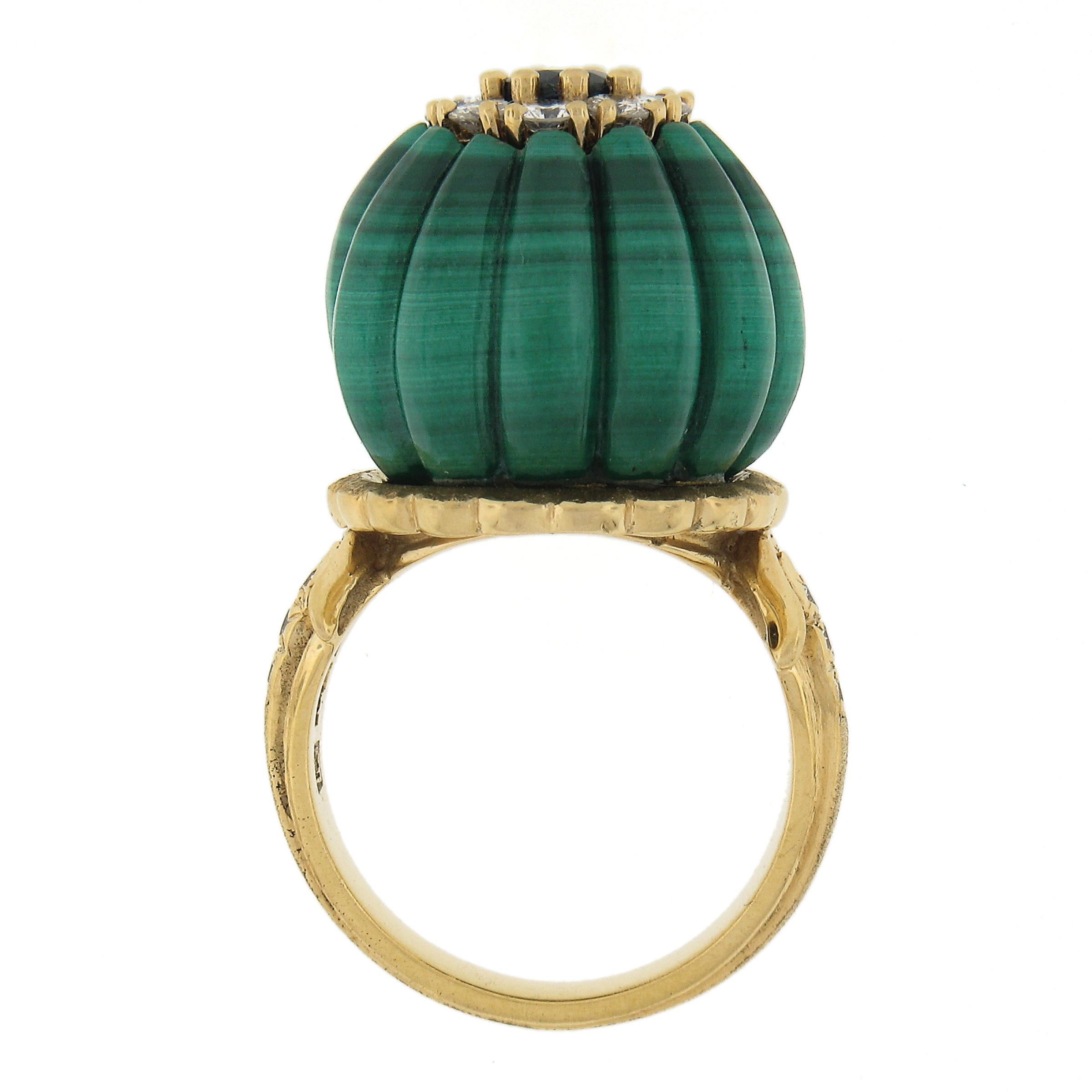 Vintage 18k Yellow Gold Carved Malachite w/ Diamond & Sapphire Statement Ring For Sale 1