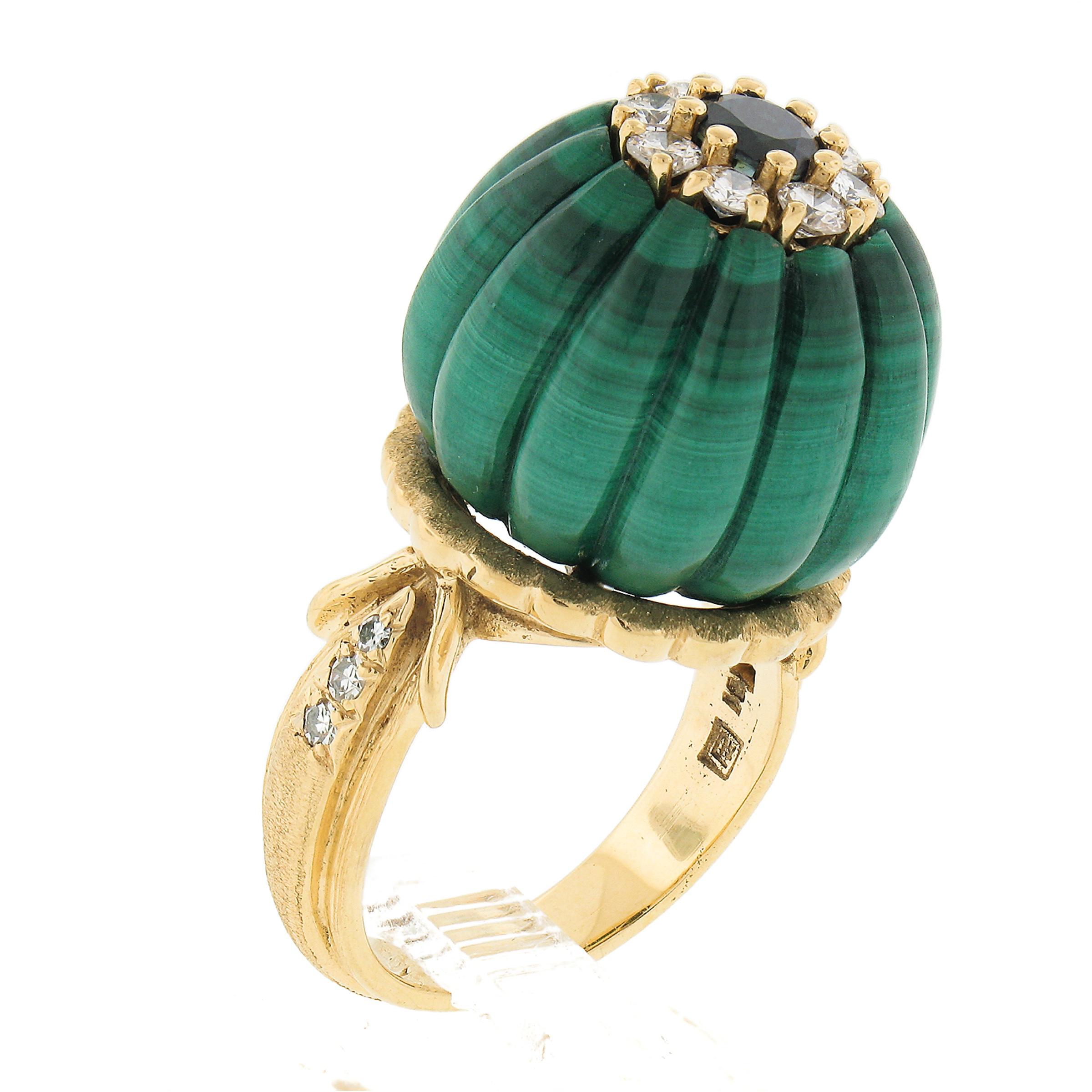 Vintage 18k Yellow Gold Carved Malachite w/ Diamond & Sapphire Statement Ring For Sale 2