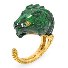 Vintage 18k Yellow Gold Carved Maw Sit Sit Jade Lion Head Ring with Diamond Eyes