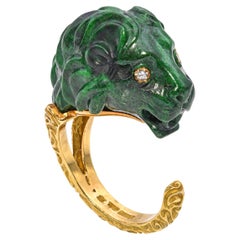 Vintage 18k Yellow Gold Carved Maw Sit Sit Jade Lion Head Ring with Diamond Eyes