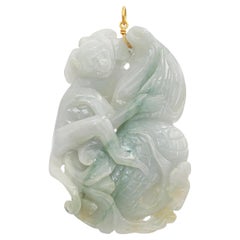 Vintage 18K Yellow Gold Carved Pale Green Jade Monkey Pendant