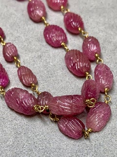 Vintage 18K Yellow Gold Carved Pink Tourmaline Beaded Long Necklace 155ct 23.75”
