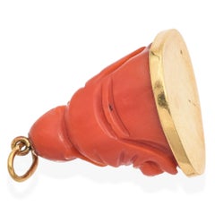 Vintage 18k Yellow Gold Carved Red Coral Smiling Buddha 3D Pendant