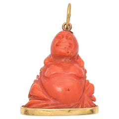 Vintage 18k Yellow Gold Carved Red Coral Smiling Buddha 3D Pendant