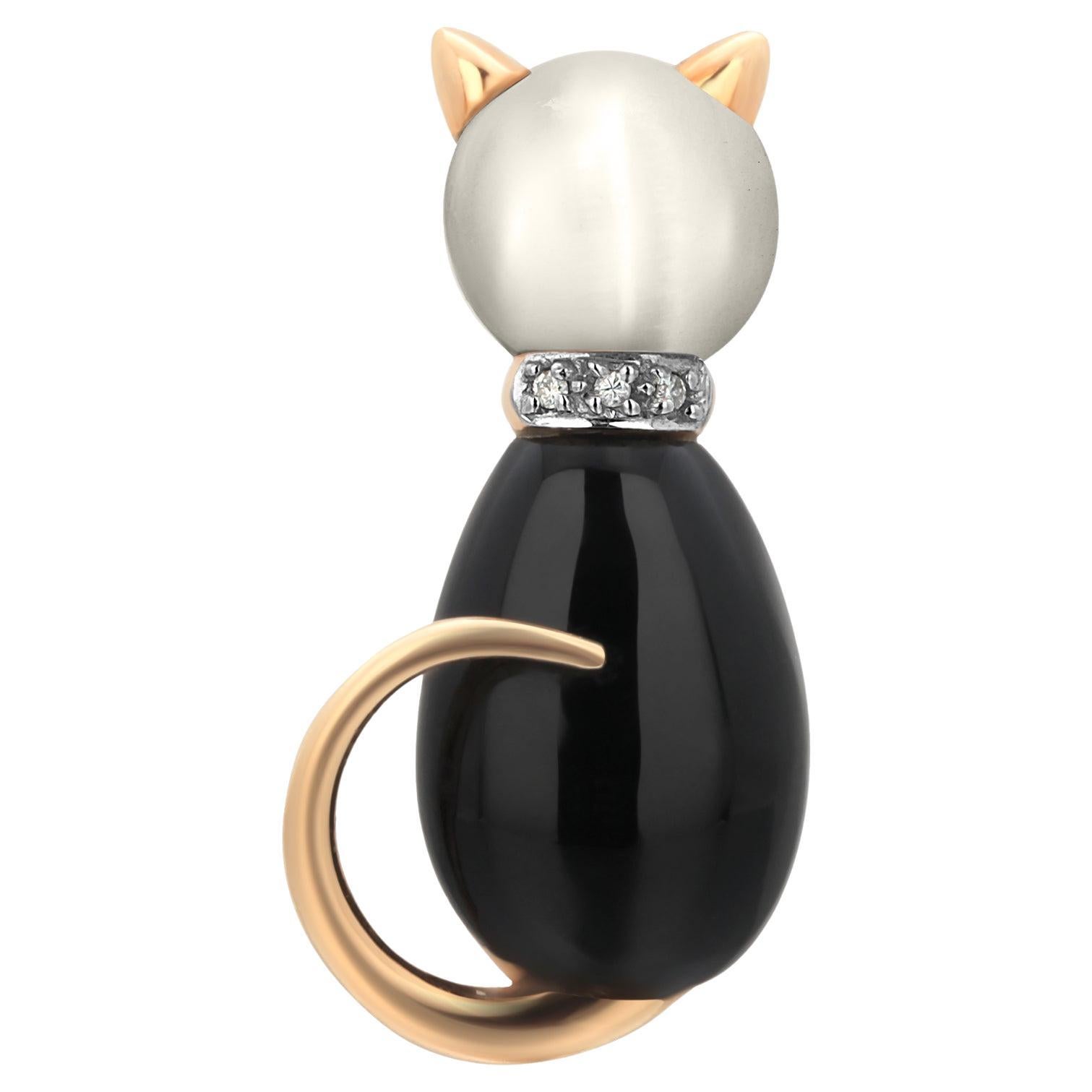 Broche vintage de oro amarillo de 18 quilates con forma de gato, madreperla de ónice y diamantes