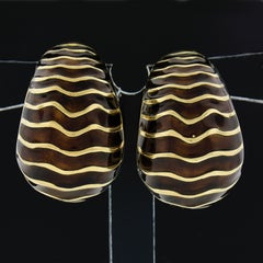 Vintage 18K Yellow Gold Chocolate Brown Enamel Wavy Domed Clip on Cuff Earrings