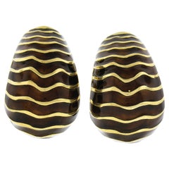 Retro 18K Yellow Gold Chocolate Brown Enamel Wavy Domed Clip on Cuff Earrings