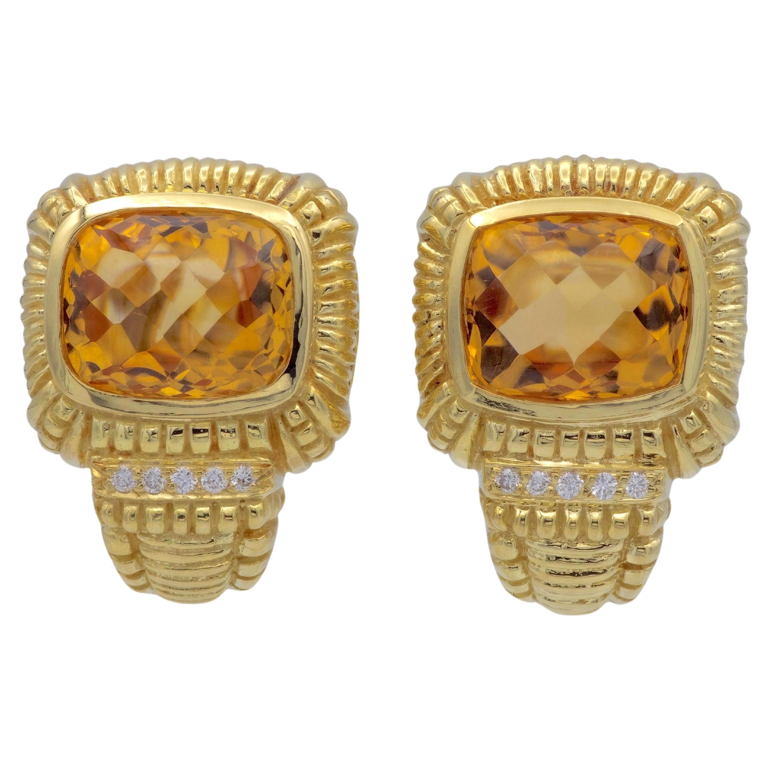 Boucles d'oreilles vintage en or jaune 18K avec citrine et diamant à clip en vente