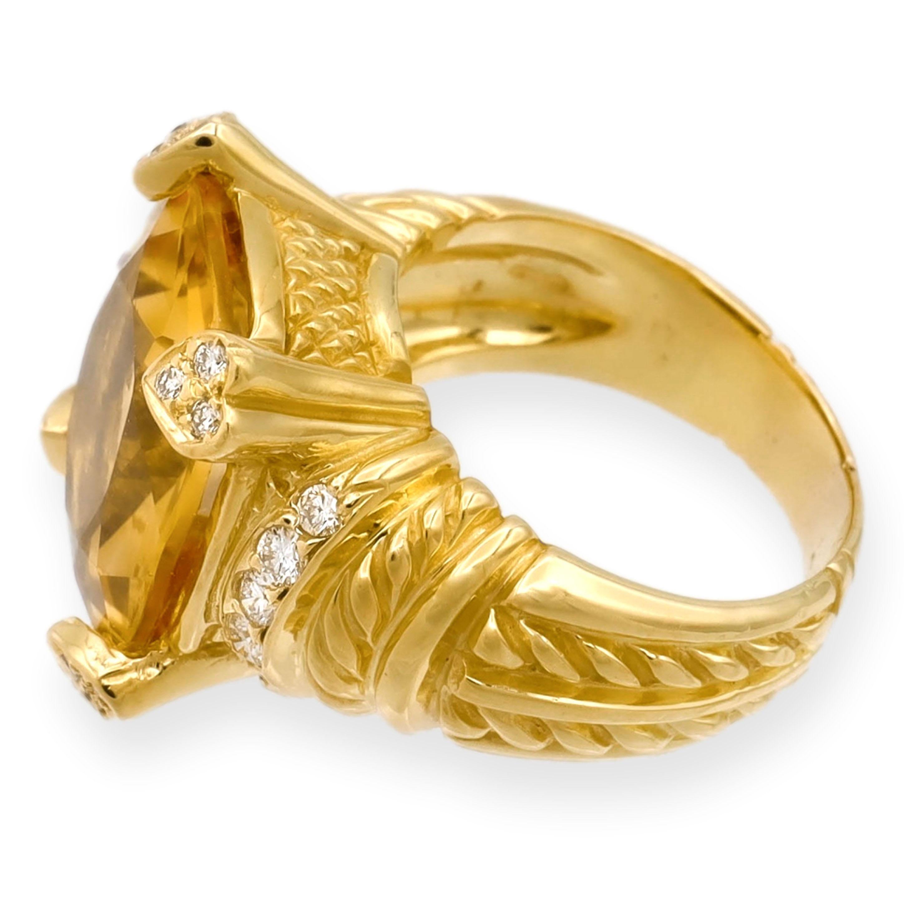 Cushion Cut Vintage 18K Yellow Gold Citrine and Diamond Cocktail Ring