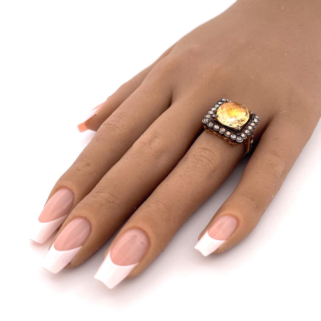 da uomo o donna Anello vintage in oro giallo 18 carati con citrino e diamanti in vendita