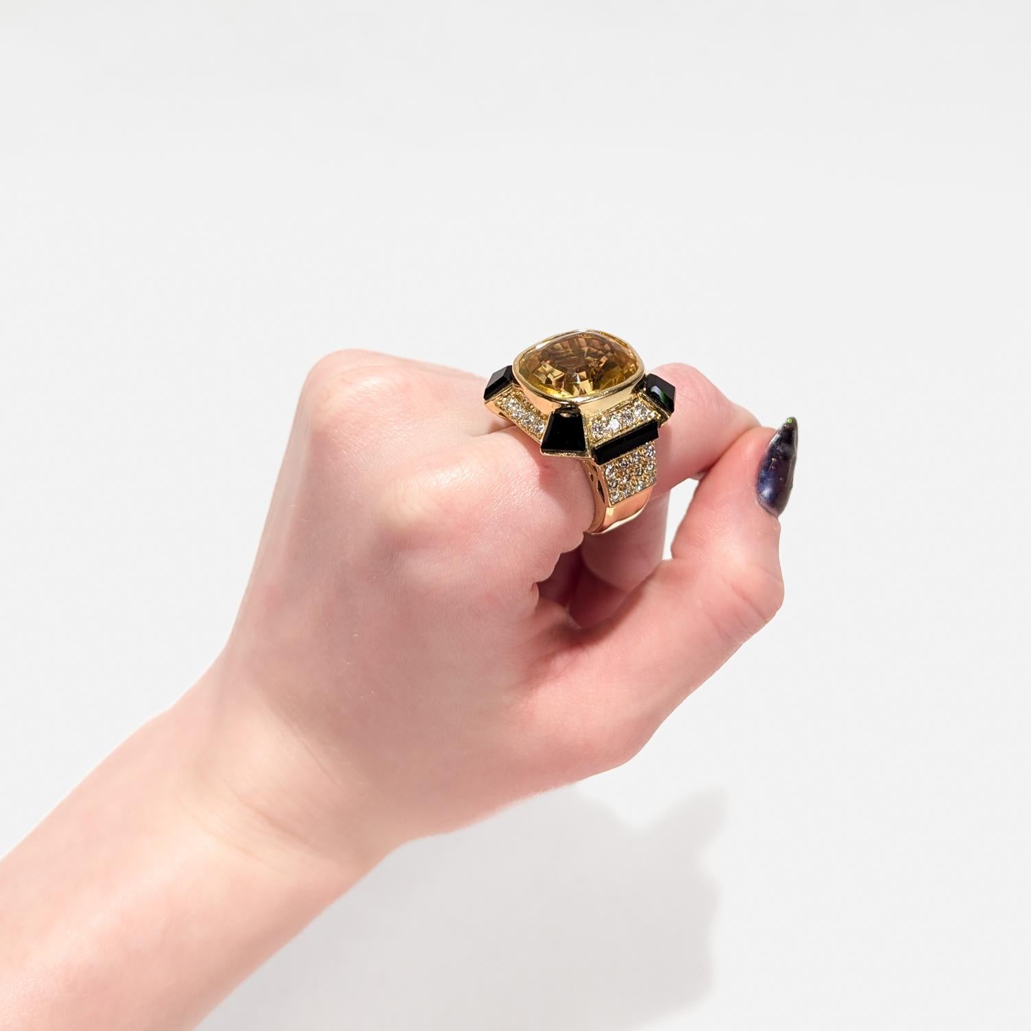 Vintage 18K Yellow Gold, Citrine, Onyx, and Diamond Cocktail Ring For Sale 5