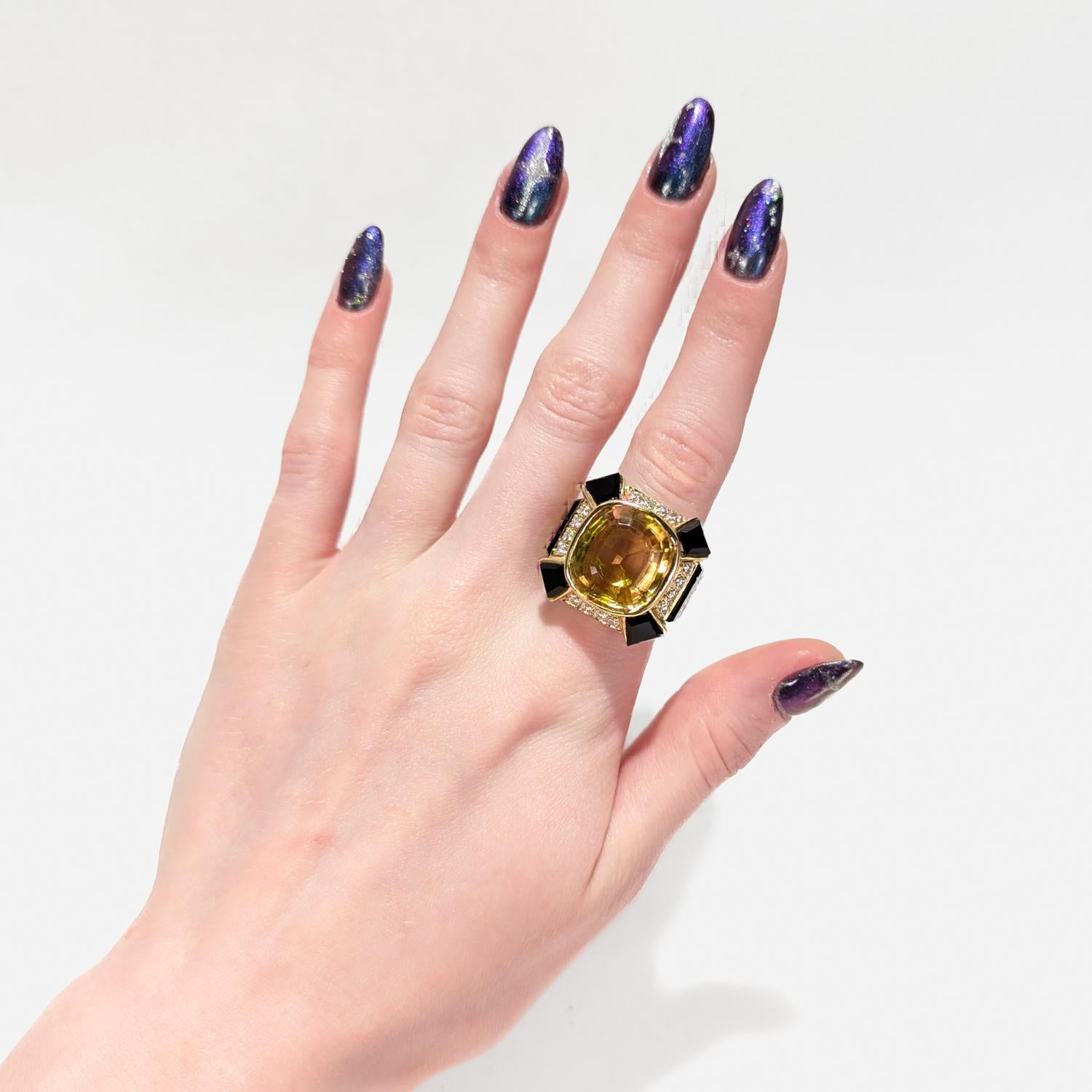 Retro Vintage 18K Yellow Gold, Citrine, Onyx, and Diamond Cocktail Ring For Sale