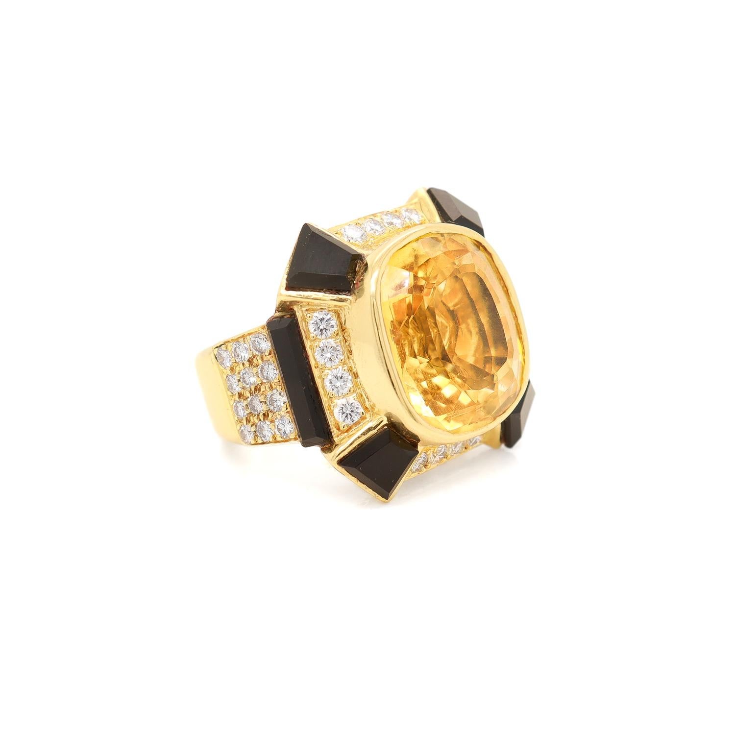 Cushion Cut Vintage 18K Yellow Gold, Citrine, Onyx, and Diamond Cocktail Ring For Sale